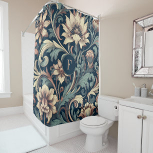 Navy blue floral shower curtain