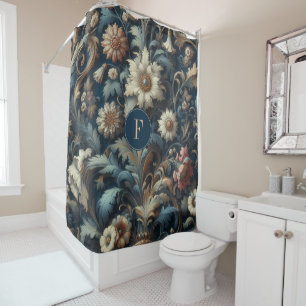 Navy blue floral shower curtain