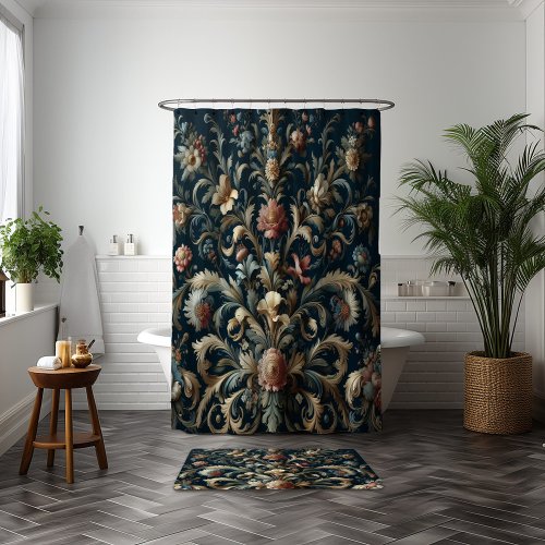 Navy blue floral shower curtain