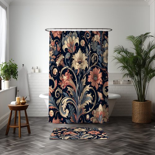 Navy blue floral shower curtain