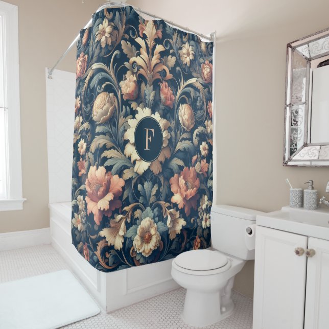 Navy blue floral shower curtain (In Situ)