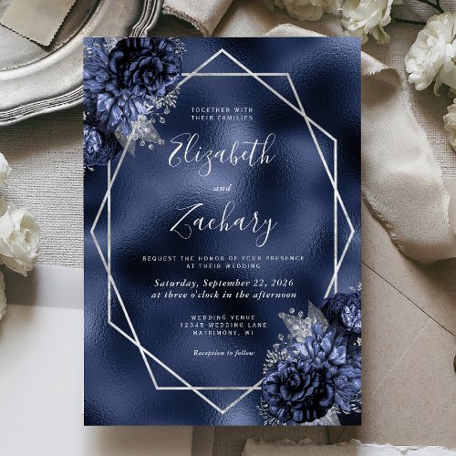 Navy Blue Floral Silver Frame Faux Foil Wedding Invitation