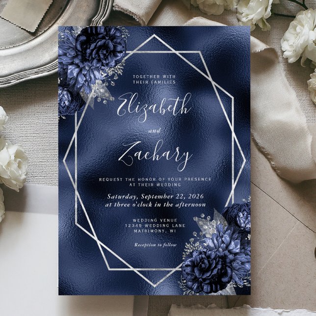 Navy Blue Floral Silver Frame Faux Foil Wedding Invitation (Creator Uploaded)