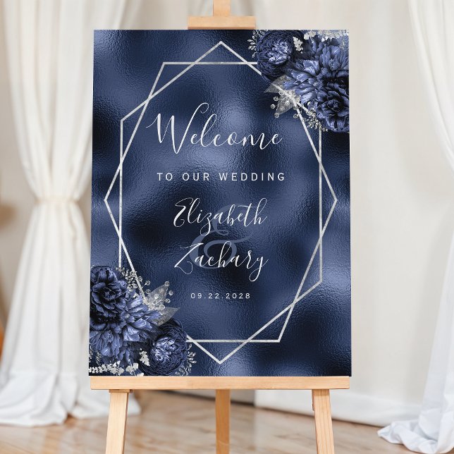 Navy Blue Floral Silver Geometric Wedding Welcome Foam Board (Creator Uploaded)