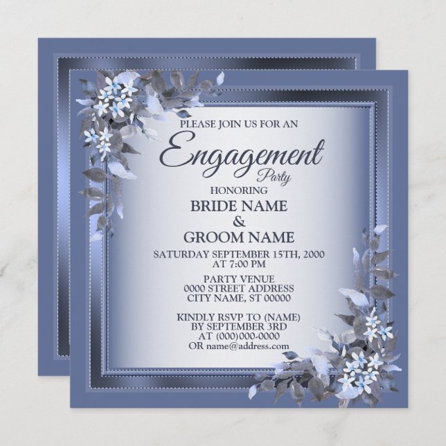 Navy Blue Floral Silver Gray Engagement Party Invitation (Front/Back)