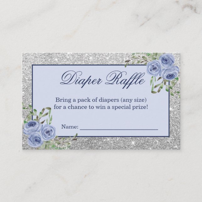 Navy Blue Floral Silver Gray Sparkle Diaper Raffle Business Card (Front)