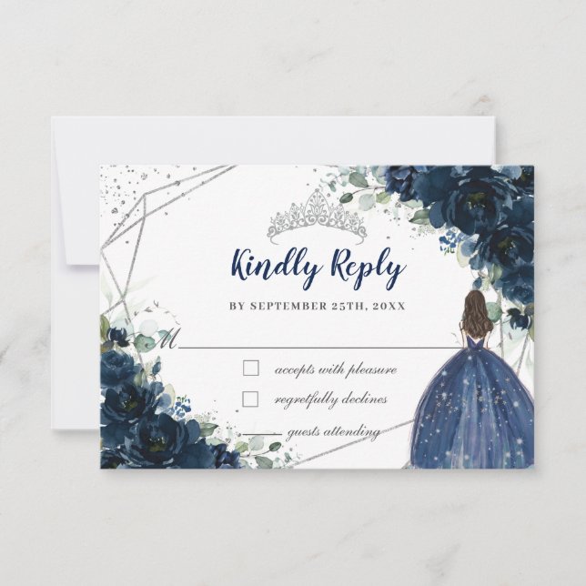 Navy Blue Floral Silver Princess Quinceañera Reply RSVP Card (Front)