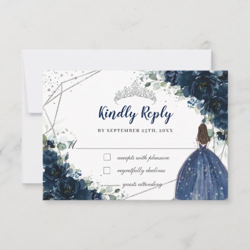 Navy Blue Floral Silver Princess Quinceaera Reply RSVP Card