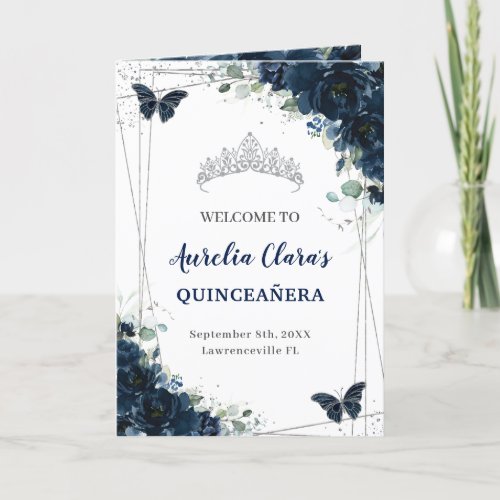 Navy Blue Floral Silver Quinceaera Order of Event Program