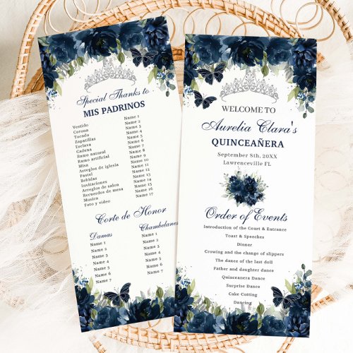 Navy Blue Floral Silver Quincea&#241;era Order of Event Program