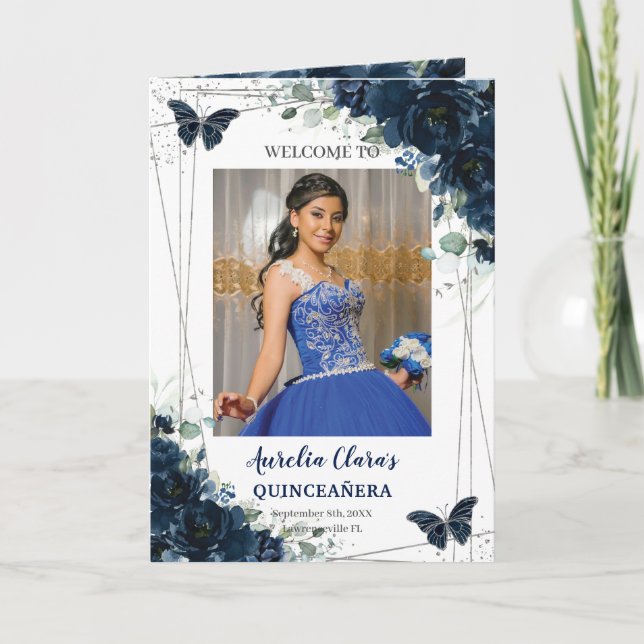 Navy Blue Floral Silver Quinceañera Order of Event Program (Front)