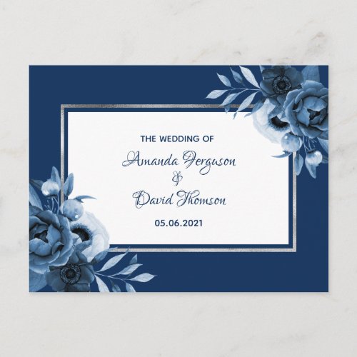 Navy blue floral silver wedding reception details postcard