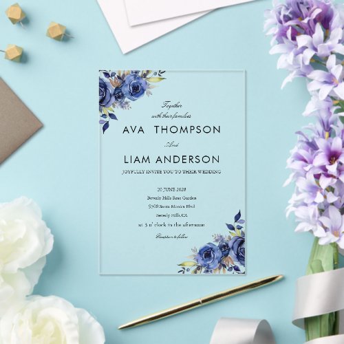 Navy Blue Floral simple Acrylic Wedding Invitation