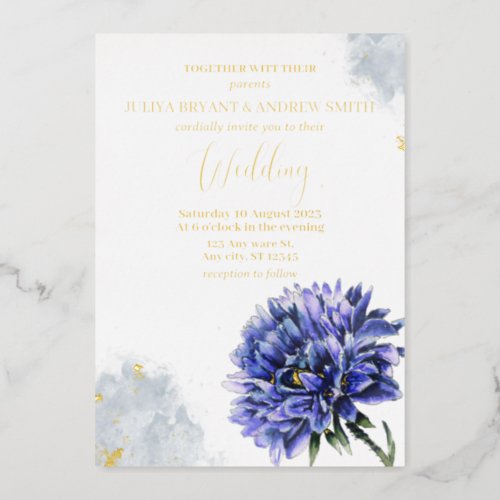 Navy Blue Floral simple budget wedding  Foil Invitation