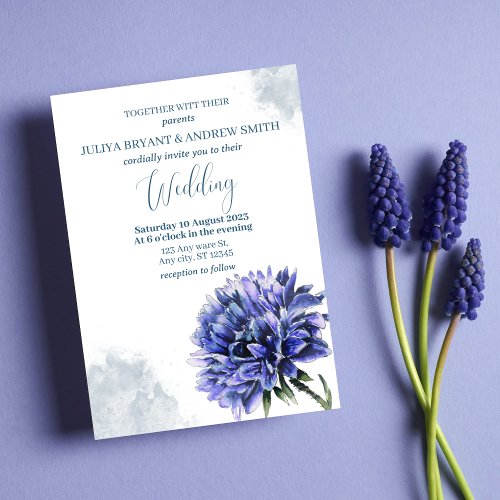 Navy Blue Floral simple budget wedding  Invitation