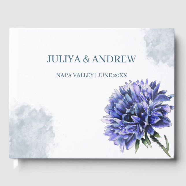Navy blue floral simple wedding  guest book (Front)