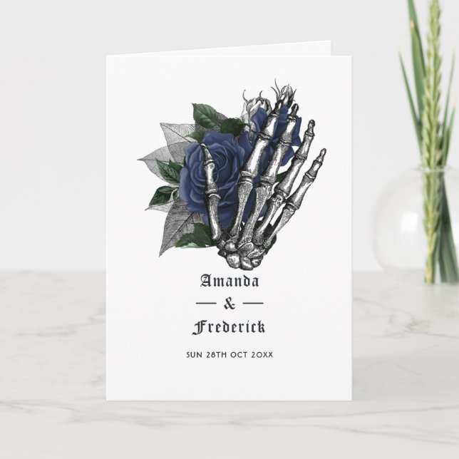 Navy Blue Floral Skeleton Gothic Wedding Program (Front)