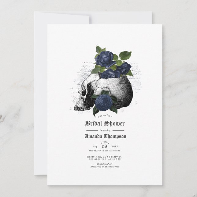 Navy Blue Floral Skull Gothic Bridal Shower Invita Invitation (Front)