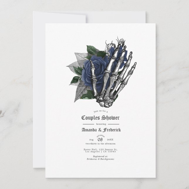 Navy Blue Floral Skull Gothic Couples Shower Invitation (Front)