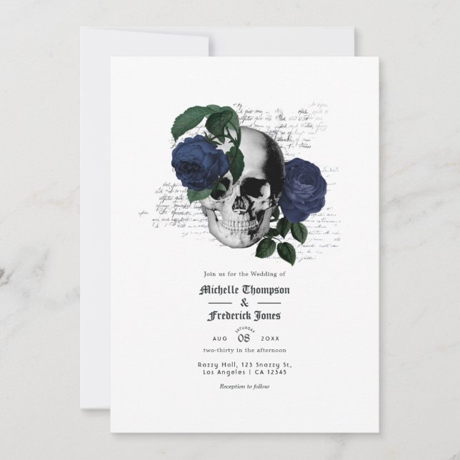 Navy Blue Floral Skull Gothic Wedding Invitation (Front)