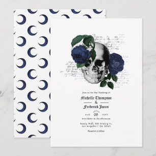Navy Blue Floral Skull Gothic Wedding Invitation