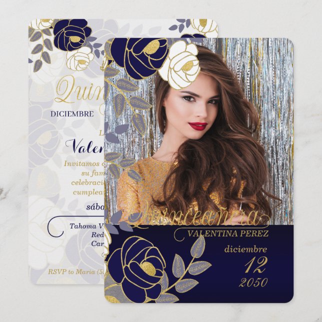 Navy Blue Floral Spanish Quinceanera with Photo Invitation (Front/Back)