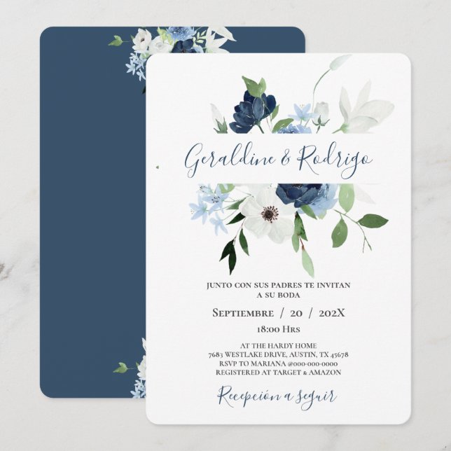 Navy Blue Floral Spanish Wedding Invitation (Front/Back)
