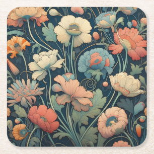 Navy blue floral square paper coaster