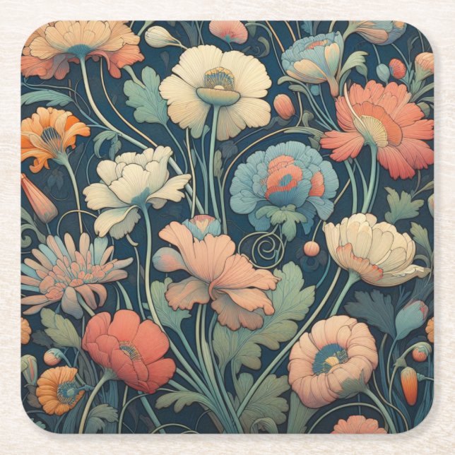 Navy blue floral square paper coaster (Front)