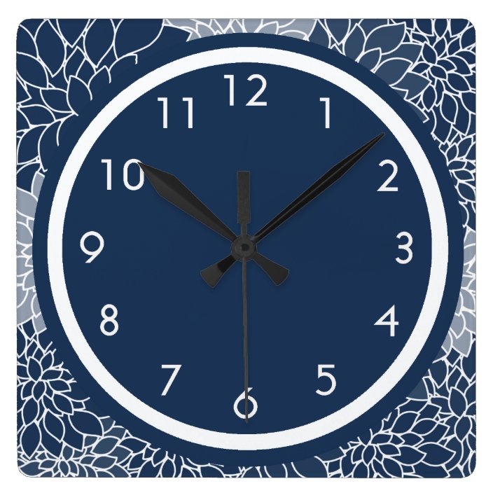 Navy Blue Floral Square Wall Clock 