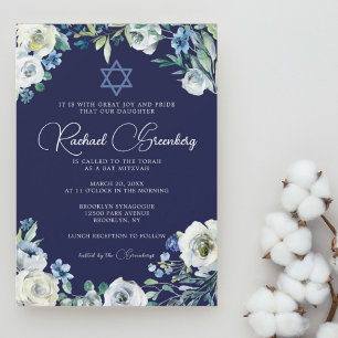 Navy Blue Floral Star of David Bat Mitzvah Invitation