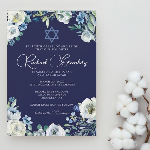 Navy Blue Floral Star of David Bat Mitzvah Invitation