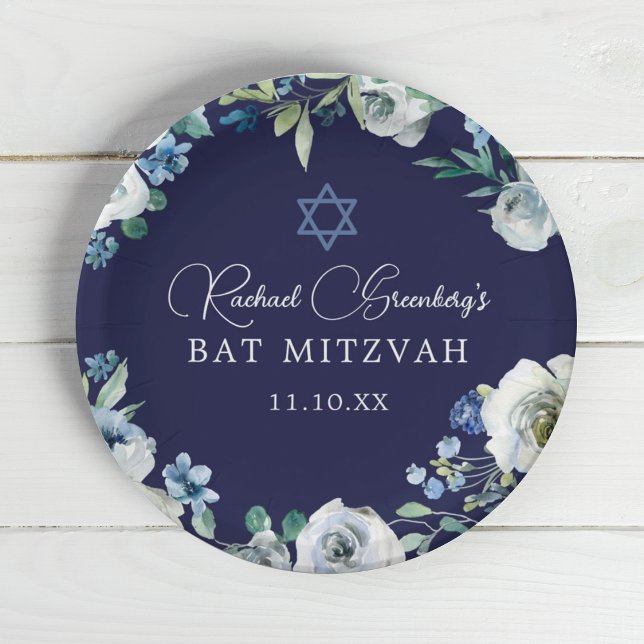 Navy Blue Floral Star of David Bat Mitzvah Party Paper Plates (Creator Uploaded)