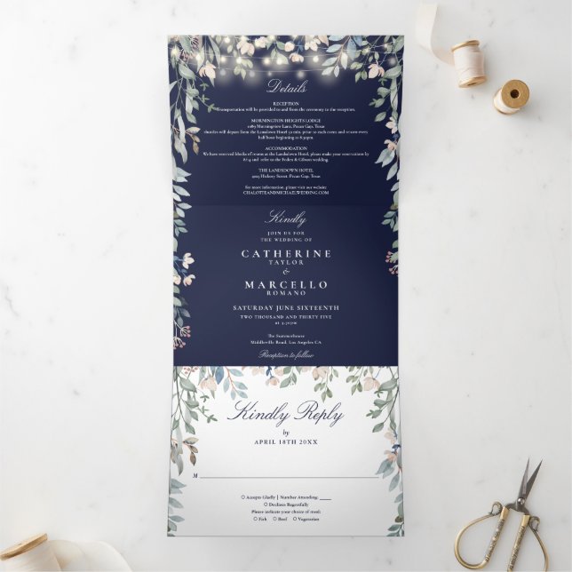 Navy Blue Floral String Lights Photo Wedding Tri-Fold Invitation (Inside)