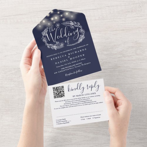 Navy Blue Floral String Lights QR Code Wedding All In One Invitation