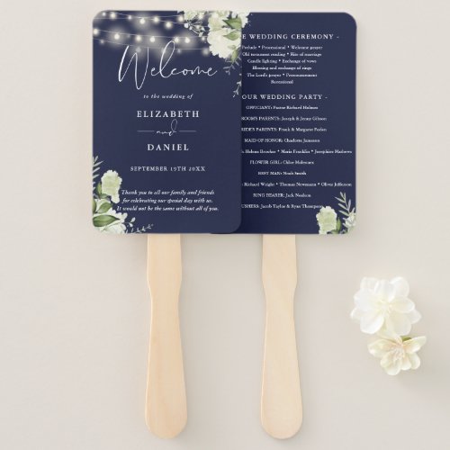 Navy Blue Floral String Lights Wedding Program Hand Fan