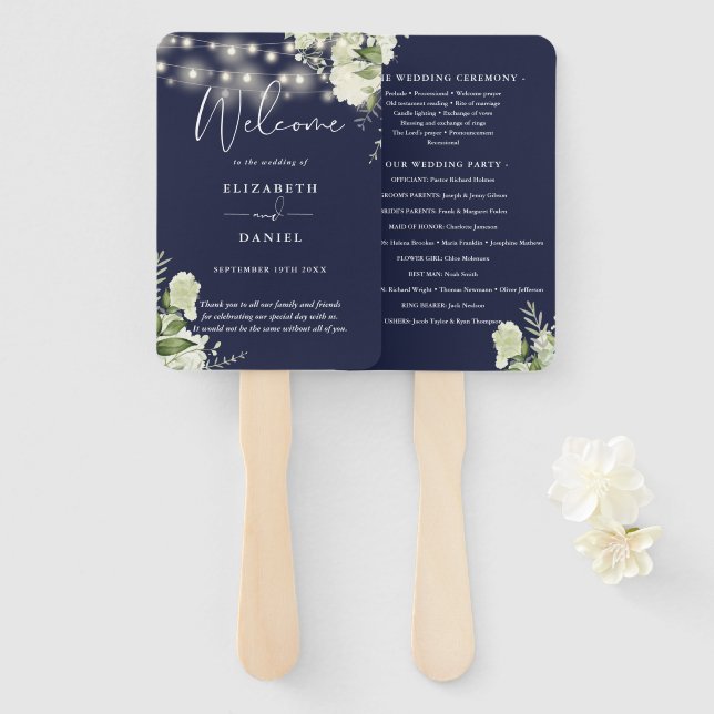 Navy Blue Floral String Lights Wedding Program Hand Fan (Front and Back)