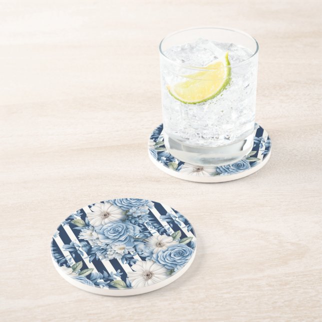 Navy Blue Floral Stripes Bridal Shower Coaster (Side)