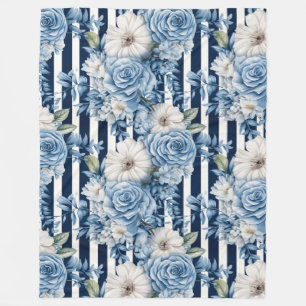 Navy Blue Floral Stripes Bridal Shower Fleece Blanket