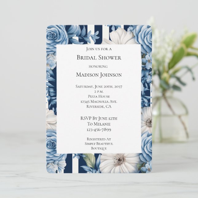 Navy Blue Floral Stripes Bridal Shower Invitation (Standing Front)