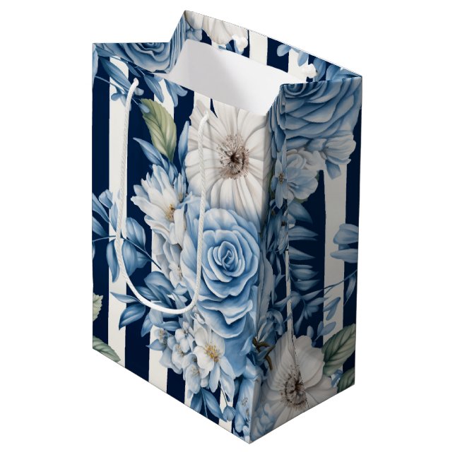 Navy Blue Floral Stripes Bridal Shower Medium Gift Bag (Front Angled)