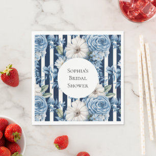 Navy Blue Floral Stripes Bridal Shower Napkins