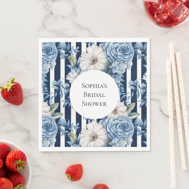Navy Blue Floral Stripes Bridal Shower Napkins (Insitu)