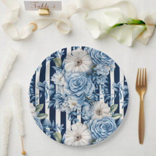 Navy Blue Floral Stripes Bridal Shower Paper Plates