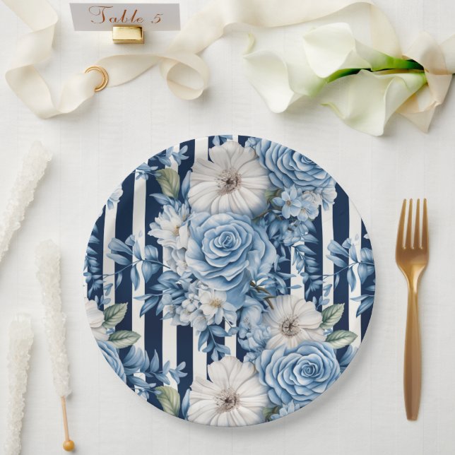 Navy Blue Floral Stripes Bridal Shower Paper Plates (Wedding)