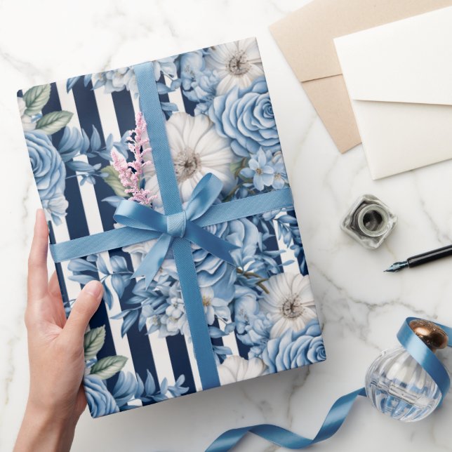 Navy Blue Floral Stripes Bridal Shower Wrapping Paper (Gifting)