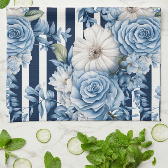 Navy Blue Floral Stripes Kitchen Towel (Folded)