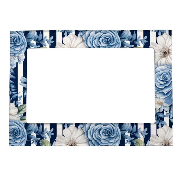 Navy Blue Floral Stripes Magnetic Frame (Front)
