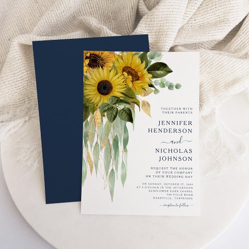 Navy Blue Floral Sunflower Eucalyptus Wedding Invitation
