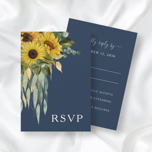 Navy Blue Floral Sunflower Eucalyptus Wedding RSVP Card